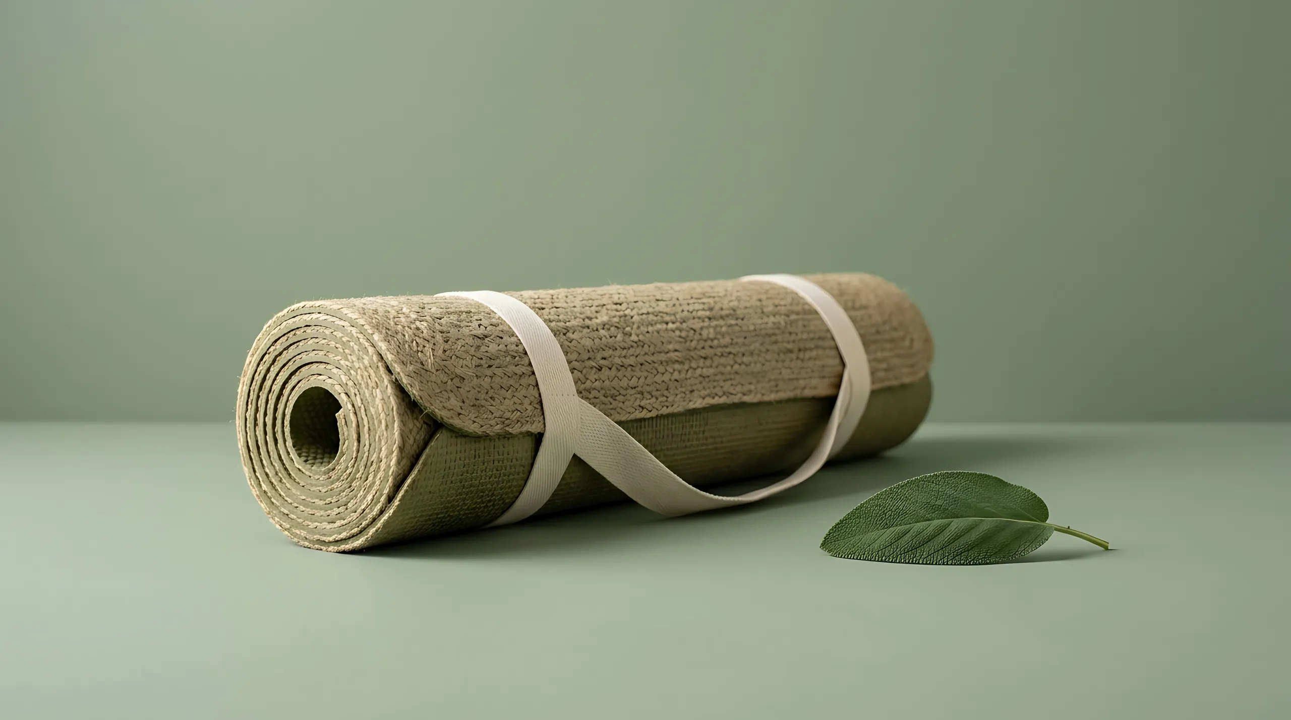 Esterilla de yoga enrollada con una correa blanca y una hoja verde sobre un fondo verde suave