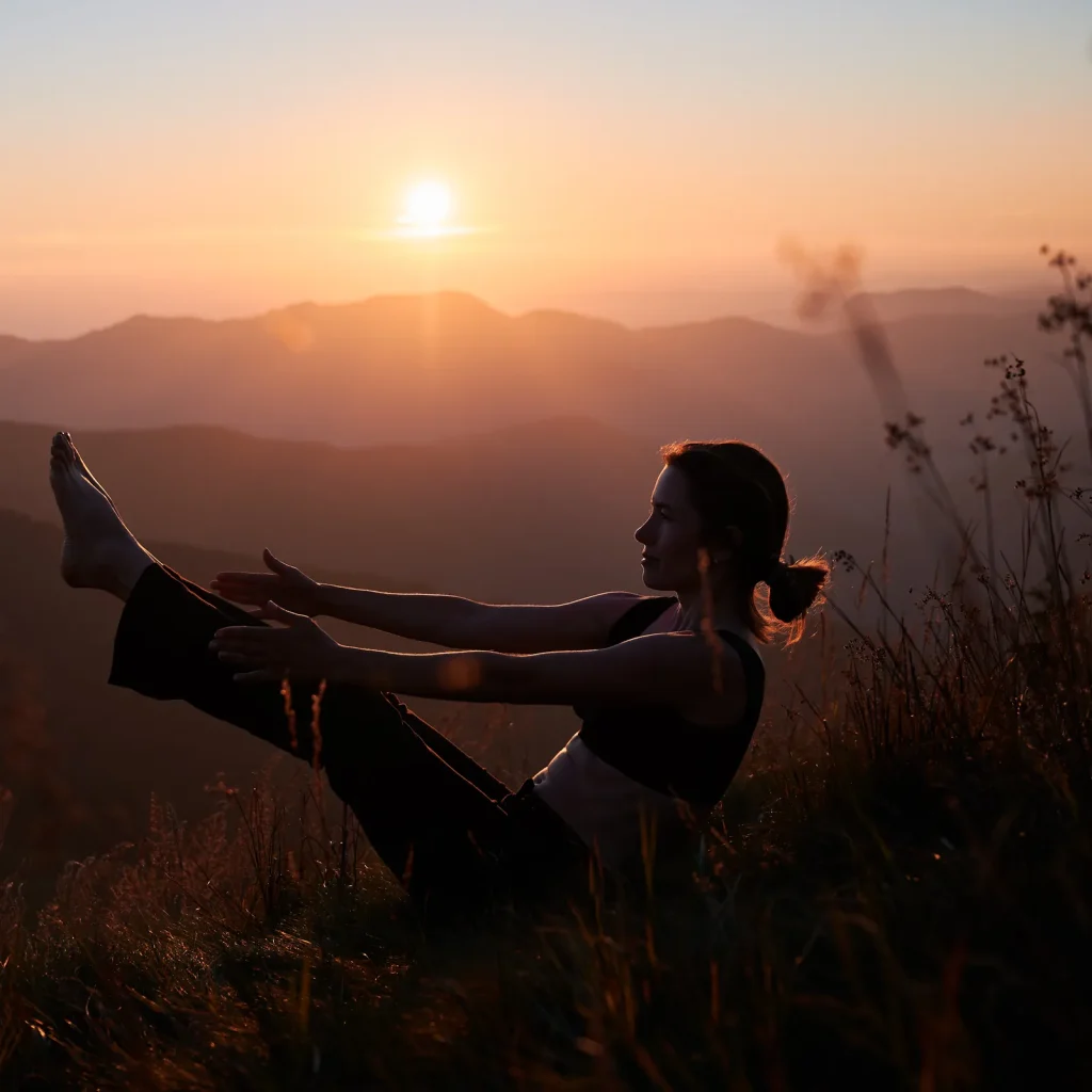 Mujer haciendo ejercicio en la montaña al atardecer