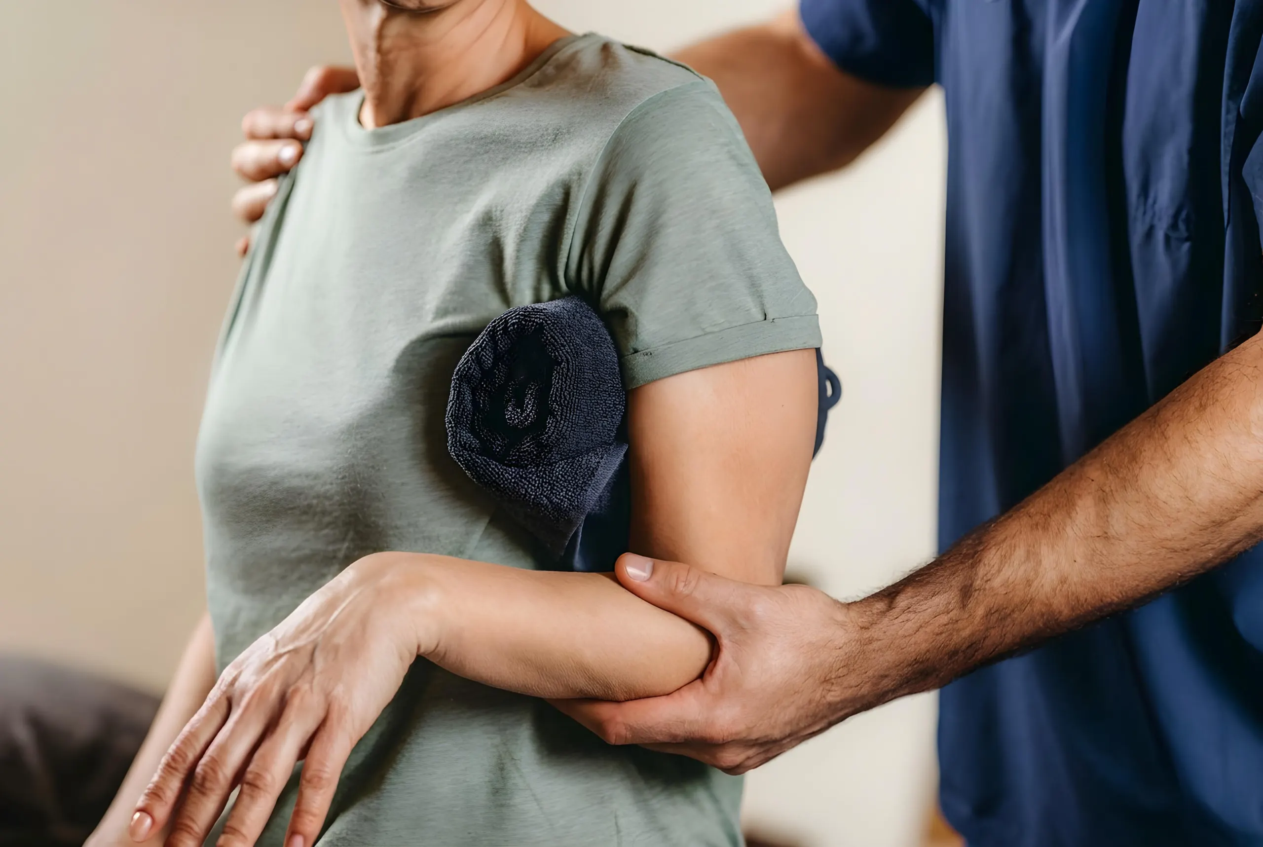 Fisioterapeuta guiando el brazo de una paciente, con una toalla enrollada bajo la axila